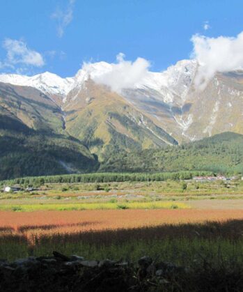 Wälder und Felder vor dem Annapurna-Massiv